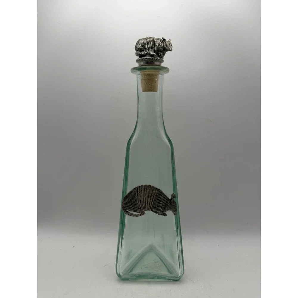 Vintage Armadillo Pewter Overlay Green Glass Decanter Bottle Stopper Barware
